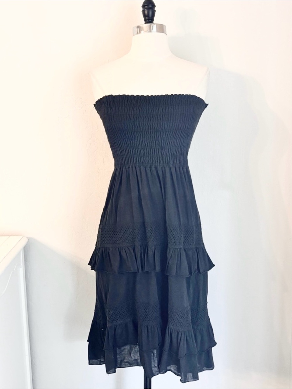 Strapless Smocked Tiered Ruffle Dress Black 100% Cotton, Juniors Large